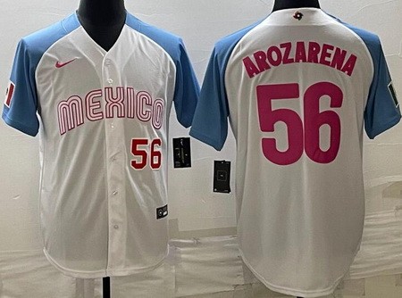 Men's Mexico #56 Randy Arozarena White Blue Player Number 2023 World Baseball Classic Cool Base Jersey