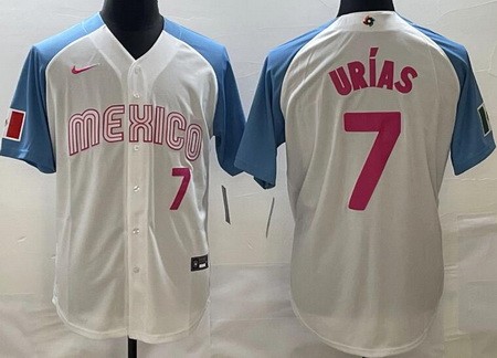 Men's Mexico #7 Julio Urias White Blue Player Number 2023 World Baseball Classic Cool Base Jersey