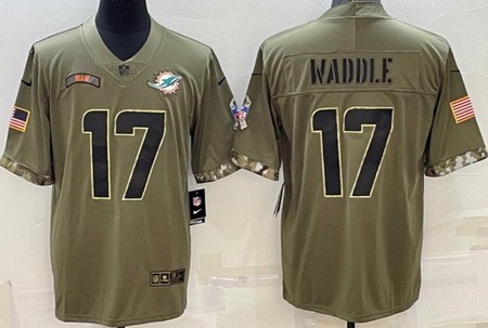 Men's Miami Dolphins #17 Jaylen Waddle Limited Olive 2022 Salute To Service Jersey