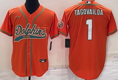 Men's Miami Dolphins #1 Tua Tagovailoa Orange Baseball Jersey
