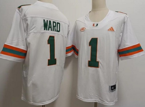 Men's Miami Hurricanes #1 Cam Ward White College Football Jersey