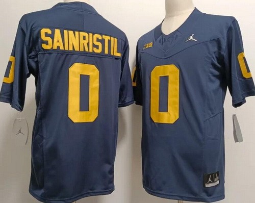 Men's Michigan Wolverines #0 Mike Sainristil Navy Diamond FUSE College Football Jersey
