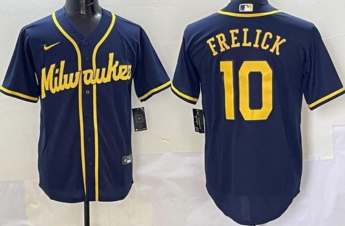 Men's Milwaukee Brewers #10 Sal Frelick Powder Navy Cool Base Jersey