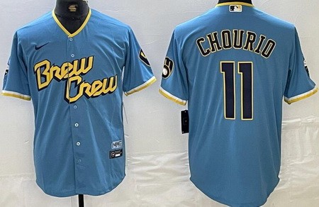 Men's Milwaukee Brewers #11 Jackson Chourio Blue City Connect Cool Base Jersey