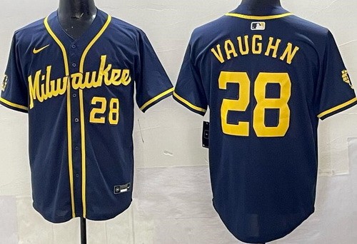 Men's Milwaukee Brewers #28 Andrew Vaughn Navy Limited Jersey