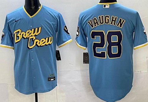 Men's Milwaukee Brewers #28 Andrew Vaughn Powder Blue 2022 City Connect Cool Base Jersey