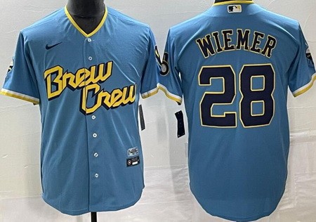 Men's Milwaukee Brewers #28 Joey Wiemer Powder Blue 2022 City Connect Cool Base Jersey