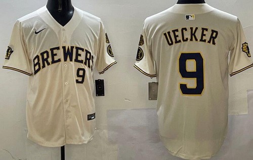 Men's Milwaukee Brewers #9 Bob Uecker Cream Limited Jersey