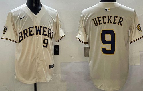 Men's Milwaukee Brewers #9 Bob Uecker Cream Limited Jersey