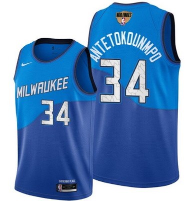 Men's Milwaukee Bucks #34 Giannis Antetokounmpo Blue 2021 City Finals Icon Hot Press Jersey