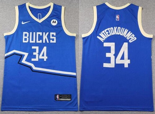 Men's Milwaukee Bucks #34 Giannis Antetokounmpo Blue 2024 City Sponsor Swingman Jersey