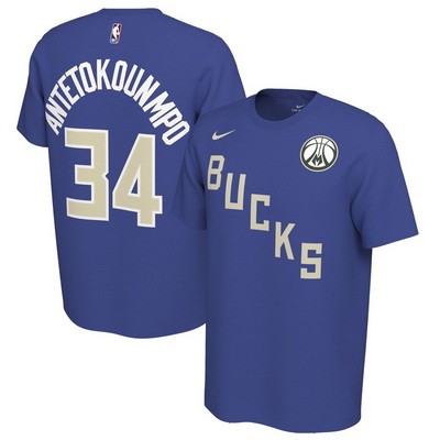 Men's Milwaukee Bucks #34 Giannis Antetokounmpo Blue Printed T-Shirt 0731