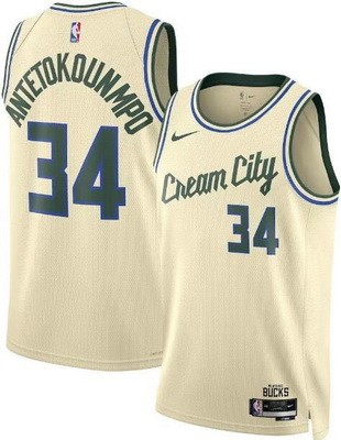 Men's Milwaukee Bucks #34 Giannis Antetokounmpo Cream 2025 City Heat Press Jersey