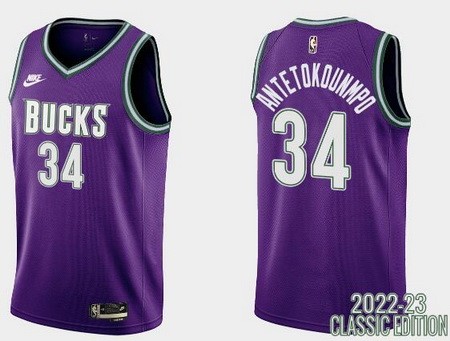 Men's Milwaukee Bucks #34 Giannis Antetokounmpo Purple 2022 Classic Icon Hot Press Jersey