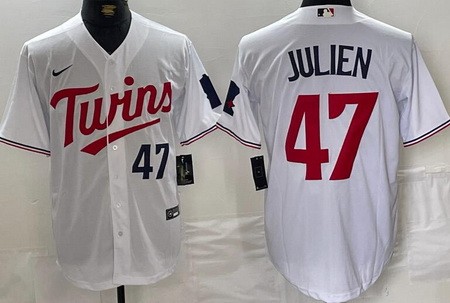 Men's Minnesota Twins #47 Edouard Julien White Player Number Team Logo Cool Base Jersey