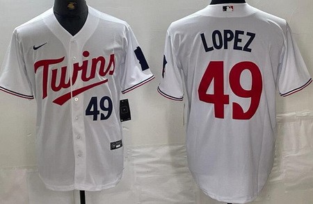 Men's Minnesota Twins #49 Pablo Lopez White Player Number Team Logo Cool Base Jersey