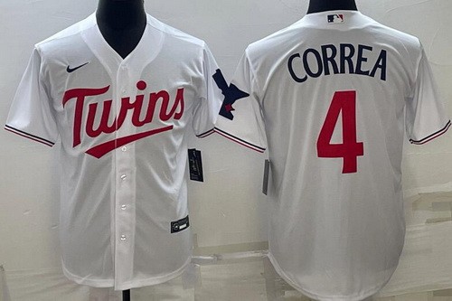 Men's Minnesota Twins #4 Carlos Correa White Team Logo Cool Base Jersey
