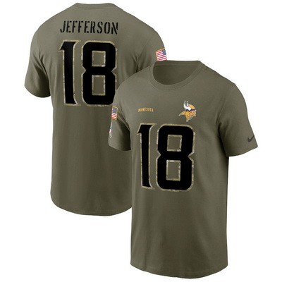 Men's Minnesota Vikings #18 Justin Jefferson Olive 2022 Salute To Service T Shirt