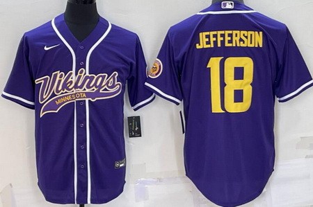 Men's Minnesota Vikings #18 Justin Jefferson Purple Yellow Baseball Jersey