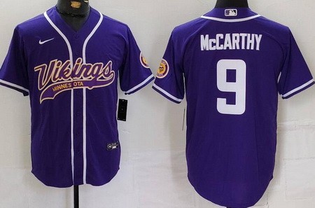 Men's Minnesota Vikings #9 JJ McCarthy Limited Purple Baseball Jersey