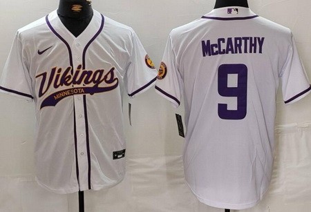 Men's Minnesota Vikings #9 JJ McCarthy Limited White Baseball Jersey