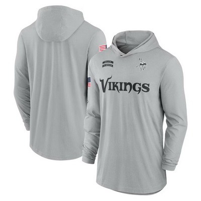 Men's Minnesota Vikings Gray 2024 Salute to Service Lightweight Performance Long Sleeve Hooded T Shirt