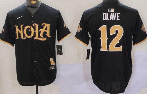 Men's New Orleans Saints #12 Chris Olave Limited Black Nola Baseball Jersey