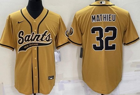 Men's New Orleans Saints #32 Tyrann Mathieu Gold Baseball Jersey
