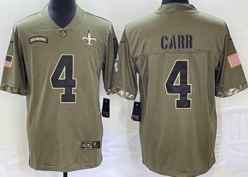 Men's New Orleans Saints #4 Derek Carr Limited Olive 2022 Salute To Service Jersey