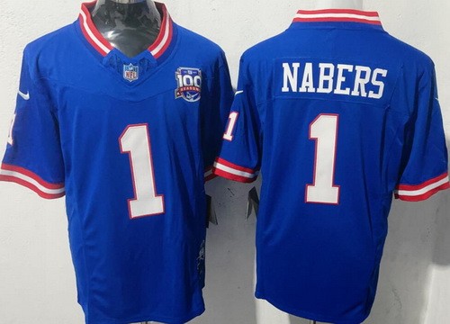 Men's New York Giants #1 Malik Nabers Limited Blue Classic FUSE 100 Seasons Vapor Jersey