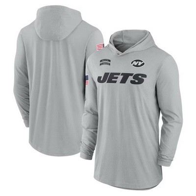 Men's New York Jets Gray 2024 Salute to Service Lightweight Performance Long Sleeve Hooded T Shirt