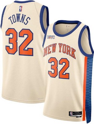 Men's New York Knicks #32 Karl Anthony Towns Cream 2025 City Heat Press Jersey