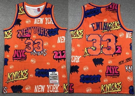 Men's New York Knicks #33 Patrick Ewing Orange Doodle Fashion Swingman Jersey