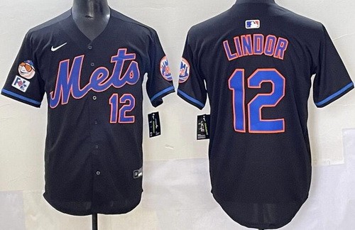Men's New York Mets #12 Francisco Lindor Black 3 Patches Limited Jersey