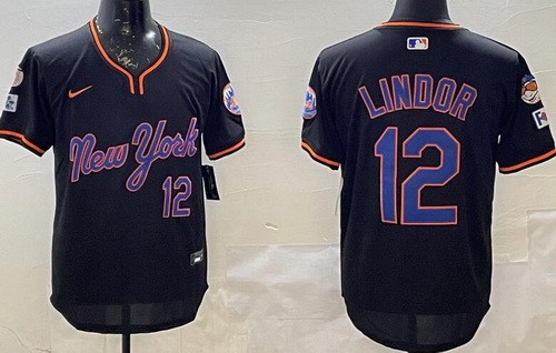 Men's New York Mets #12 Francisco Lindor Black Alternate 2025 Cool Base Jersey