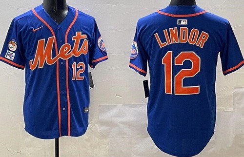 Men's New York Mets #12 Francisco Lindor Blue 3 Patches Limited Jersey