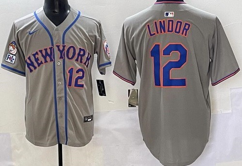 Men's New York Mets #12 Francisco Lindor Gray 3 Patches Limited Jersey