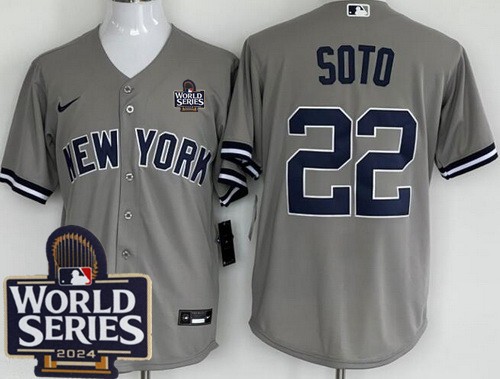 Men's New York Yankees #22 Juan Soto Gray Player Name 2024 World Series Cool Base Jersey