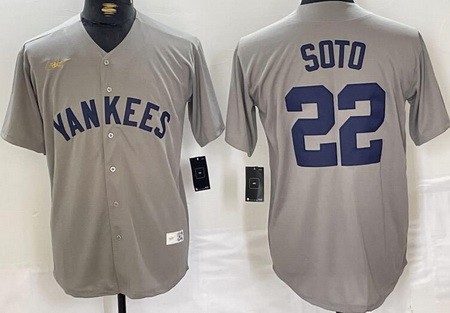 Men's New York Yankees #22 Juan Soto Gray Player Name Cooperstown Collection Jersey