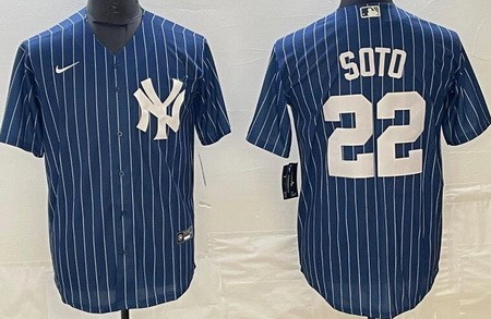 Men's New York Yankees #22 Juan Soto Navy Stripes Cool Base Jersey