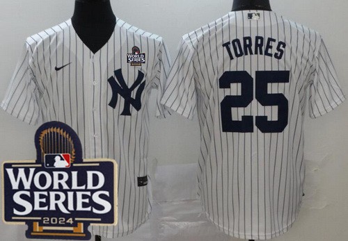 Men's New York Yankees #25 Gleyber Torres White Player Name 2024 World Series Cool Base Jersey