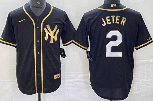 Men's New York Yankees #2 Derek Jeter Black Gold Cool Base Jersey