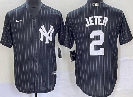 Men's New York Yankees #2 Derek Jeter Black Stripes Player Name Cool Base Jersey