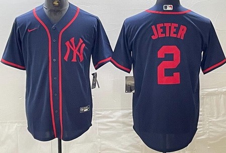 Men's New York Yankees #2 Derek Jeter Navy Red Fashion Cool Base Jersey