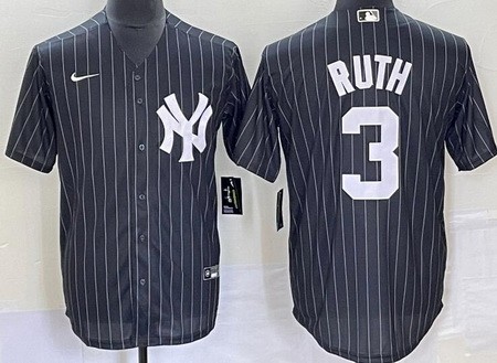 Men's New York Yankees #3 Babe Ruth Black Stripes Player Name Cool Base Jersey