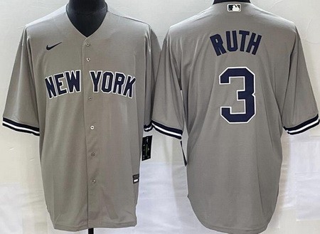 Men's New York Yankees #3 Babe Ruth Gray Player Name Cool Base Jersey