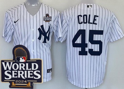 Men's New York Yankees #45 Gerrit Cole White Player Name 2024 World Series Cool Base Jersey