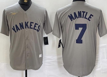 Men's New York Yankees #7 Mickey Mantle Gray Player Name Cooperstown Collection Jersey