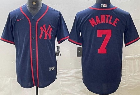 Men's New York Yankees #7 Mickey Mantle Navy Red Fashion Cool Base Jersey