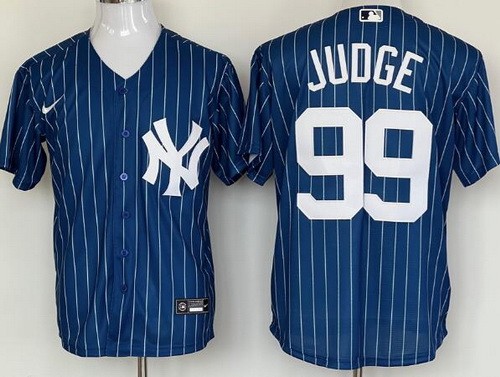 Men's New York Yankees #99 Aaron Judge Blue Stripes Player Name Cool Base Jersey